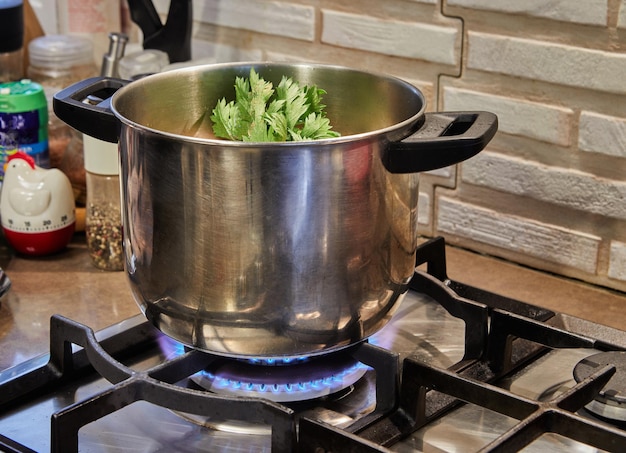 Saucepan on gas stove with parsley dish being prepared