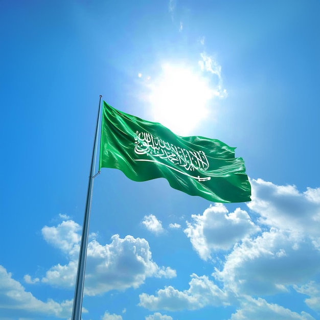 Saudi Arabia green flag waving triumphantly in celebration Saudi National Day w blue sky background