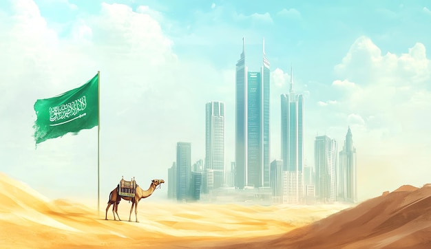 Photo saudi arabia illustration desert and camel with flag the concept of business growth