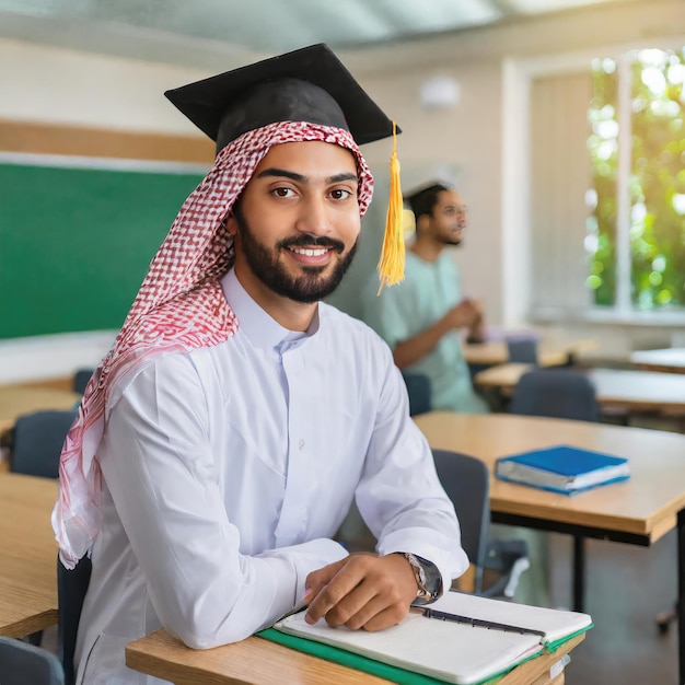 Saudi Arabia male college student with graducation cap set in classroom