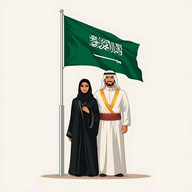 Photo saudi arabian couple a saudi woman wearing a black abaya and man wearing a central and holding flag