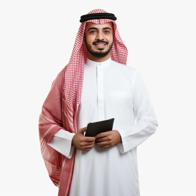 Saudi Arabian Gulf man holding a tablet in his hand working ad conditions