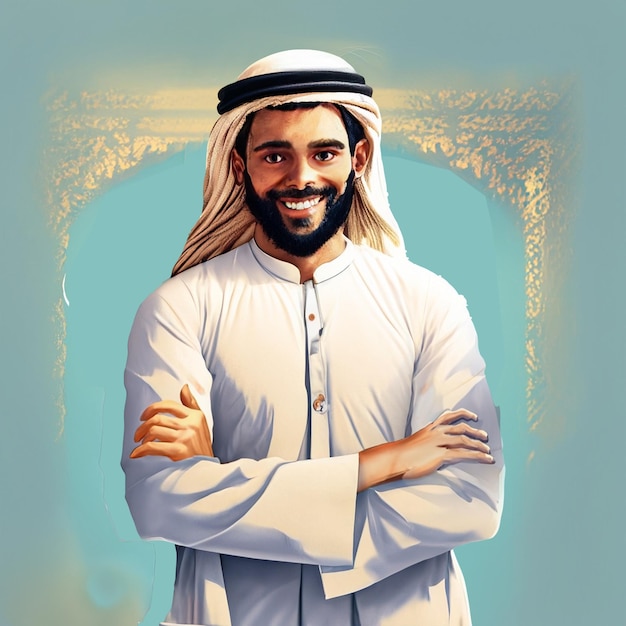 saudi arabian man standing and holding both arms together and smiling