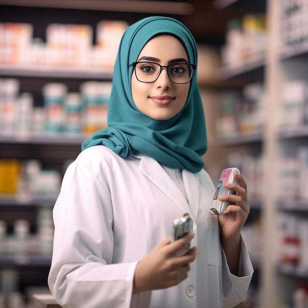 Saudi Arabic woman pharmacist at pharmacy doctor drugstore medical healthcare treatment clinical