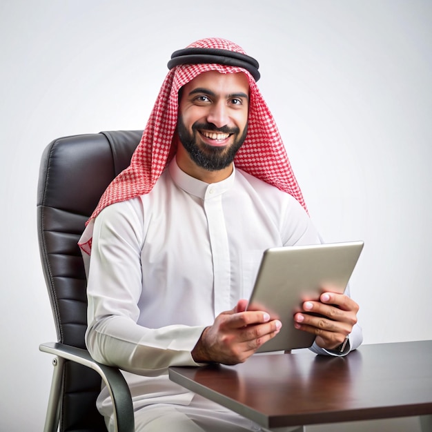 A Saudi character holding a tablet sitting in the office on a white background