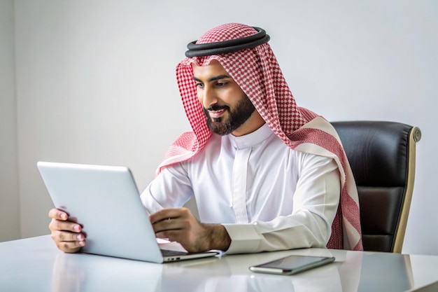 A Saudi character holding a tablet sitting in the office on a white background