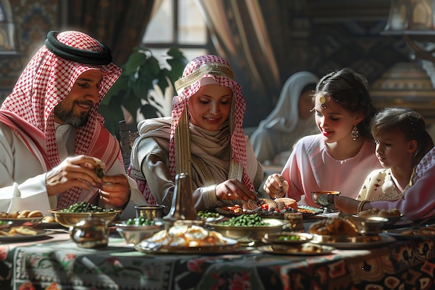 Photo saudi family dining at a bright table