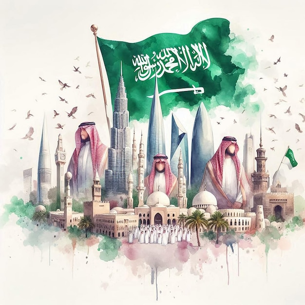 Saudi flags illustration Riyadh cityscape art Saudi celebration Saudi National Day