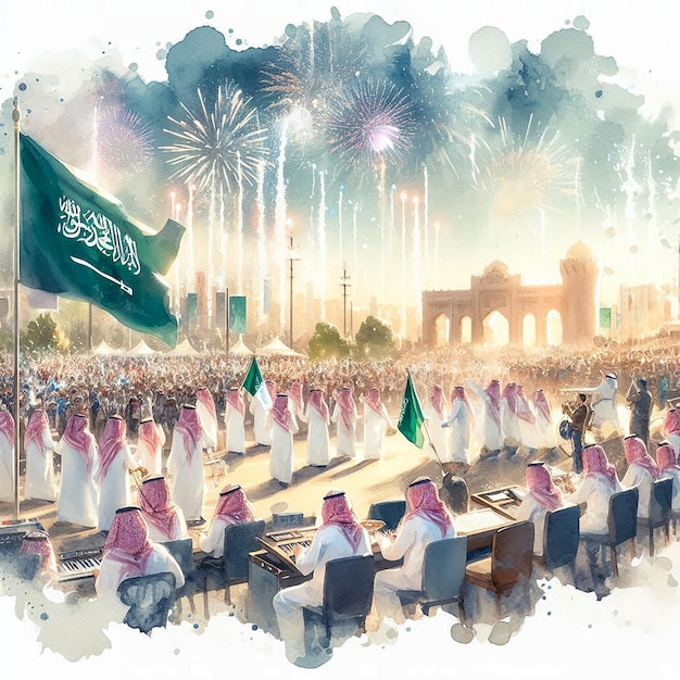 Photo saudi flags illustration riyadh cityscape art saudi celebration saudi national day