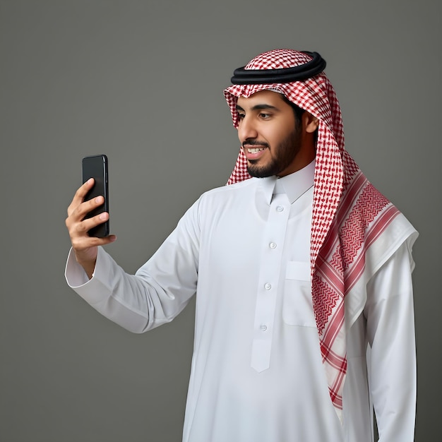 Saudi Gulf Arab man holding mobile in his hand making a call to discuss something full body image