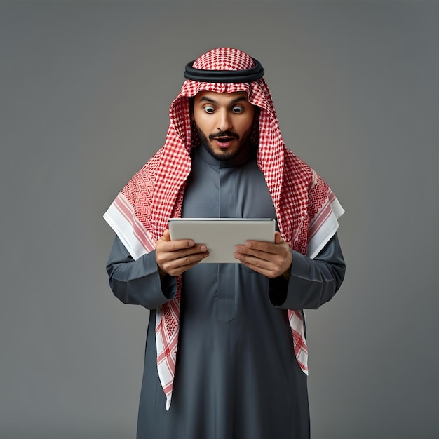 a Saudi Gulf Arab man wearing a shemagh and traditional thobe and completing work tasks via tablet