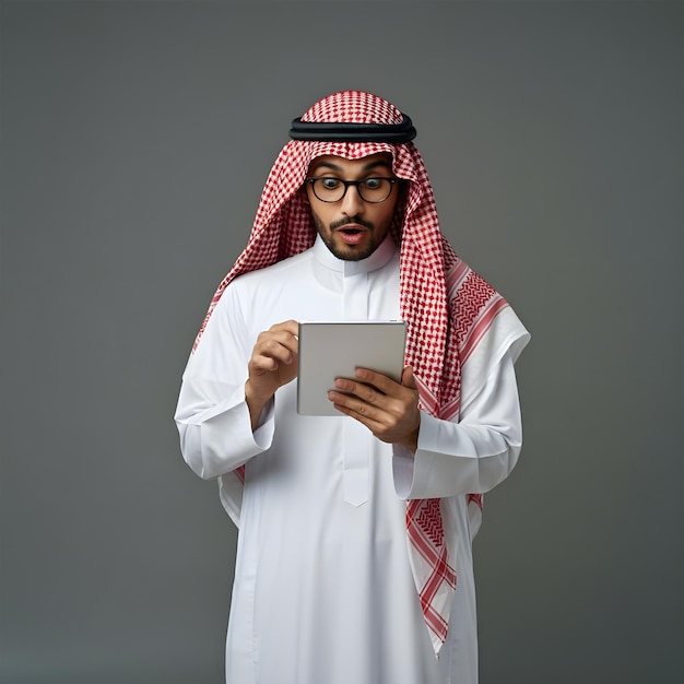 a Saudi Gulf Arab man wearing a shemagh and traditional thobe and completing work tasks via tablet