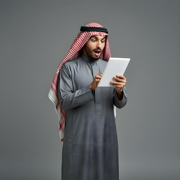 a Saudi Gulf Arab man wearing a shemagh and traditional thobe and completing work tasks via tablet