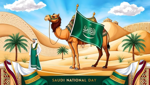 Saudi national day poster illustration in watercolor style with desert scene