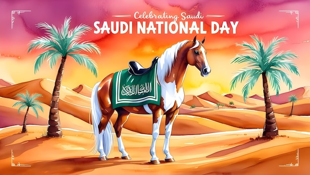 Saudi national day poster illustration in watercolor style with desert scene