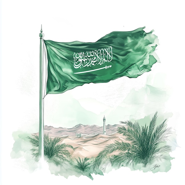 Photo saudi national day with green flag and desert background with mosques and palm trees sketch paint