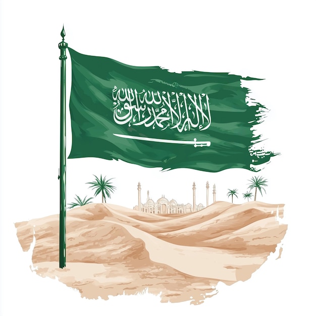 Saudi National Day with Green Flag and desert background with mosques and palm trees sketch paint