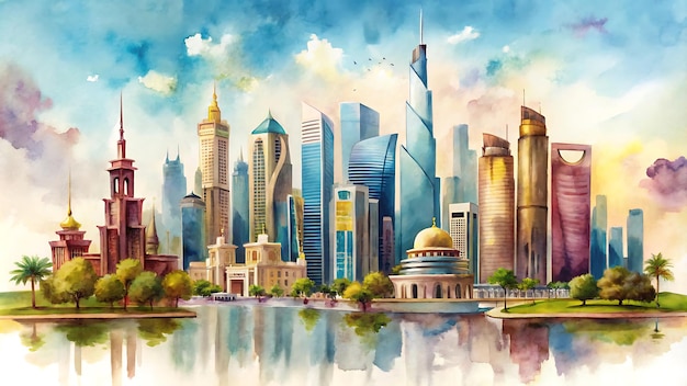 Saudi and Qatar National Day Poster Watercolor Illustration with Iconic Buildings