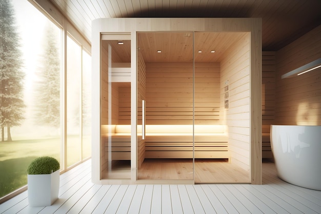 A sauna with a glass door and a wooden floor.