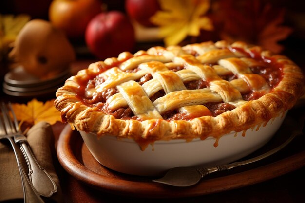 A sausage and apple pie in a fluted pie dish on an autumn themed table