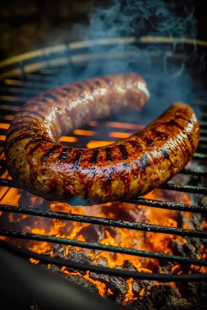 Sausage is cooking on grill with hot coals in the background Generative AI