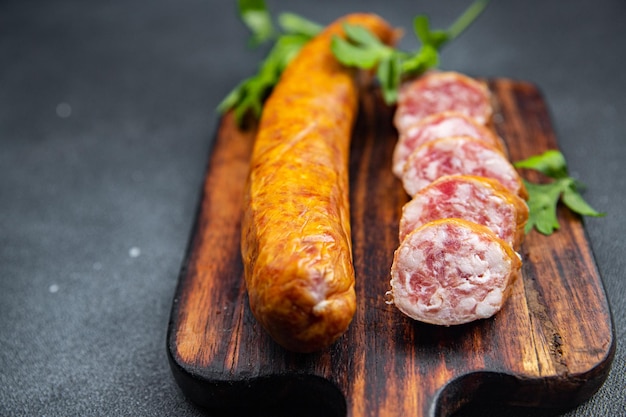 sausage montbeliard meat fresh sausages food snack on the table copy space food background rustic