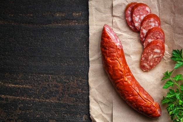 sausage slices, smoked meat product (tasty snack salami)