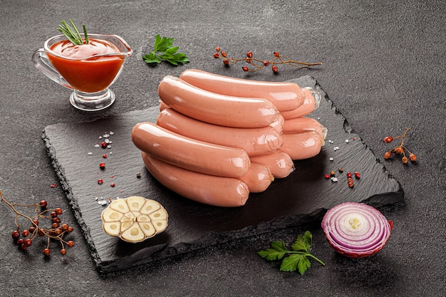 Sausage smoked meat products on a gray table with spices