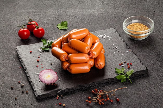 Sausage smoked meat products on a gray table with spices