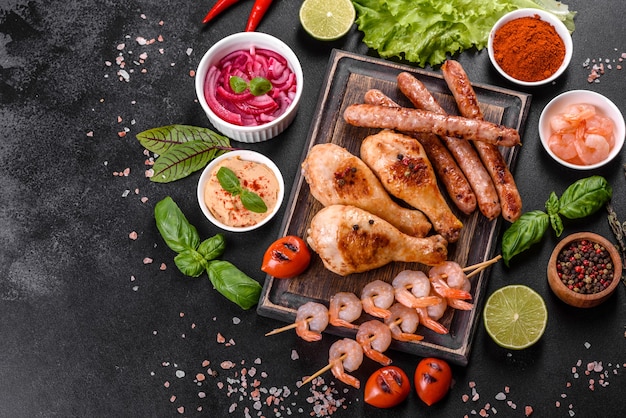 sausages, chicken, pork and shrimp prepared on a grill