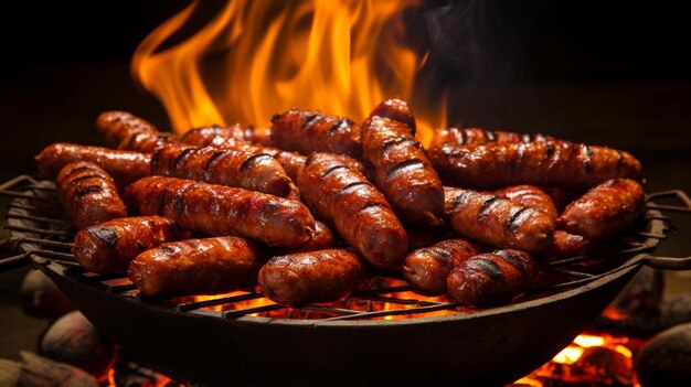 sausages in a grill with a fire