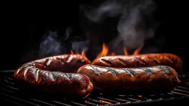 Sausages on a grill with flames on the background