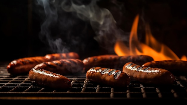 Sausages on a grill with flames in the background