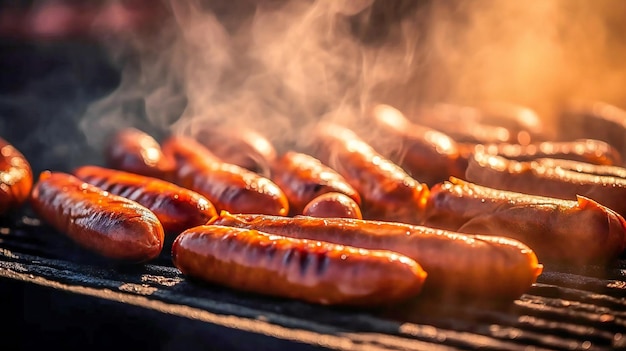 Sausages on a grill with smoke coming out of them