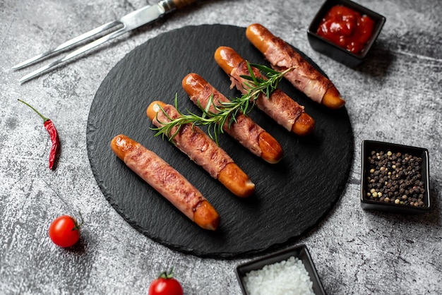 Sausages on a plate with ketchup and tomato sauce