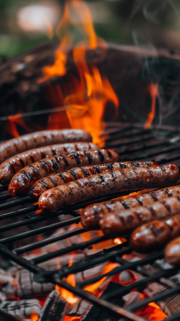 Sausages roasting on the barbecue Closeup of juicy grilled sausages on a barbecue grill