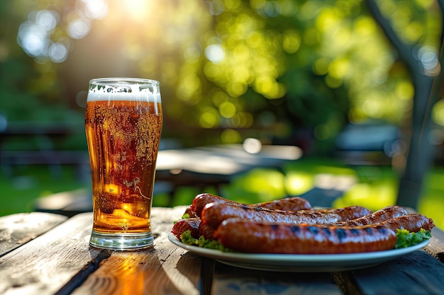 sausages serving on plate and a glass of beer on table outdoors