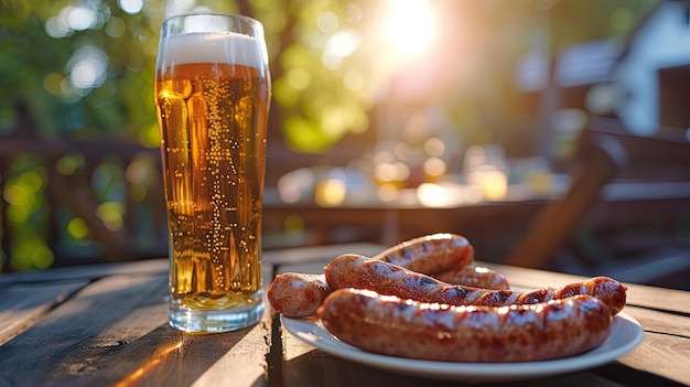 sausages serving on plate and a glass of beer on table outdoors