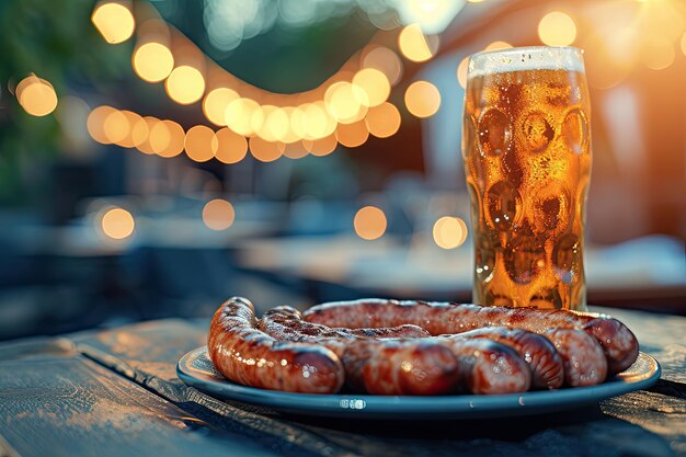 sausages serving on plate and a glass of beer on table outdoors