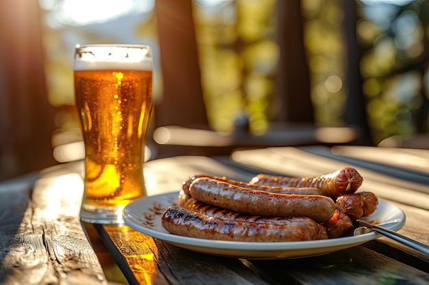 sausages serving on plate and a glass of beer on table outdoors