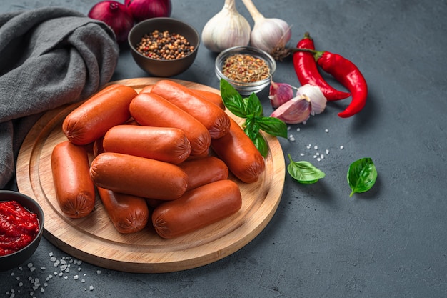 Sausages, tomato, pepper and spices on a dark background. Side view, copy space