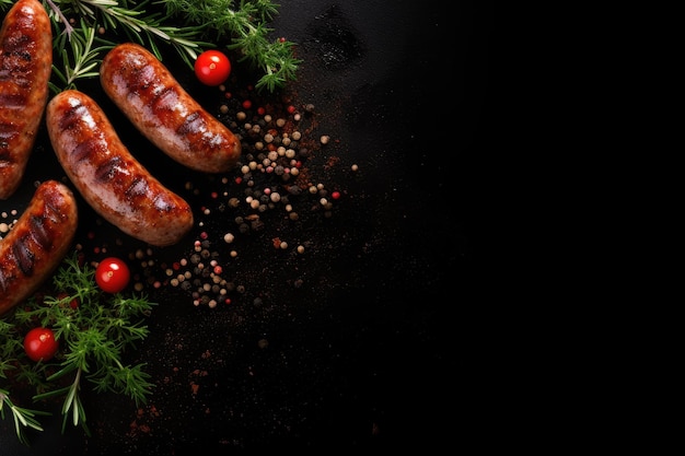 Sausages with spices grilled on black top view with copy space