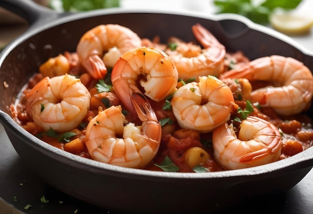 Sauteed shrimp in a spicy tomato sauce served in a cast iron skillet with fresh herbs and spices