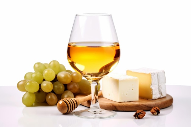 Sauvignon Blanc and goat cheese Wine glass with white wine and cheese on a white background