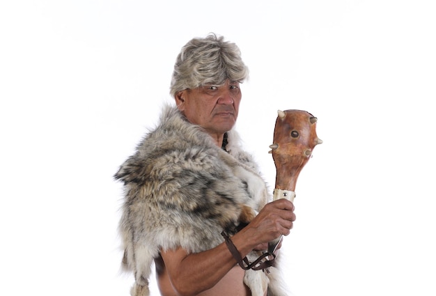 savage man with cudgel on white background