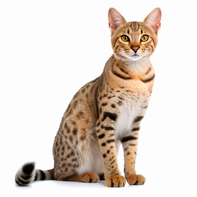 Savannah cat close up portrait isolated on white background Cute pet descendant of african serval