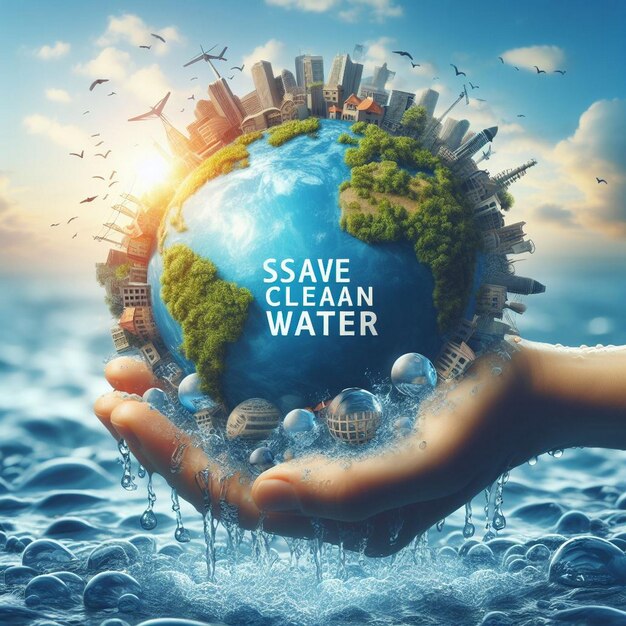 Save clean water globe world for environmental for world water day in hand