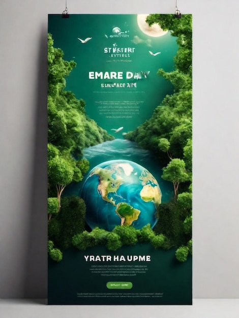 Photo save the earth poster or card or invitation on banner design template for international earth day with hand holding earth planet on green floral background vector illustration