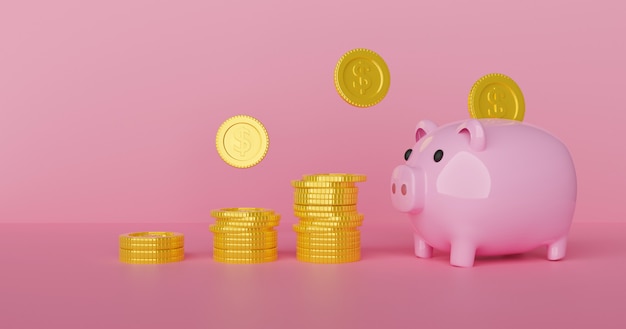 Save money concept with piggy bank 3d rendering.