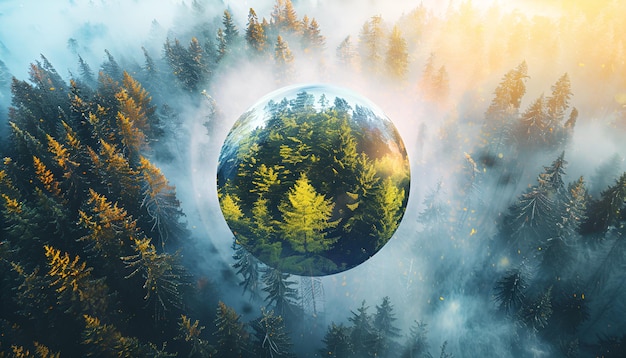 Photo save the planet aerial view of coniferous forest and planet earth double exposure